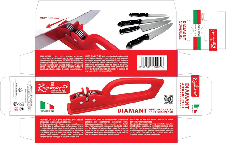 RIGAMONTI Diamant Messerschärfer, 19 cm, manueller Schärfer, Diamantscheiben, ergonomischer Griff, T
