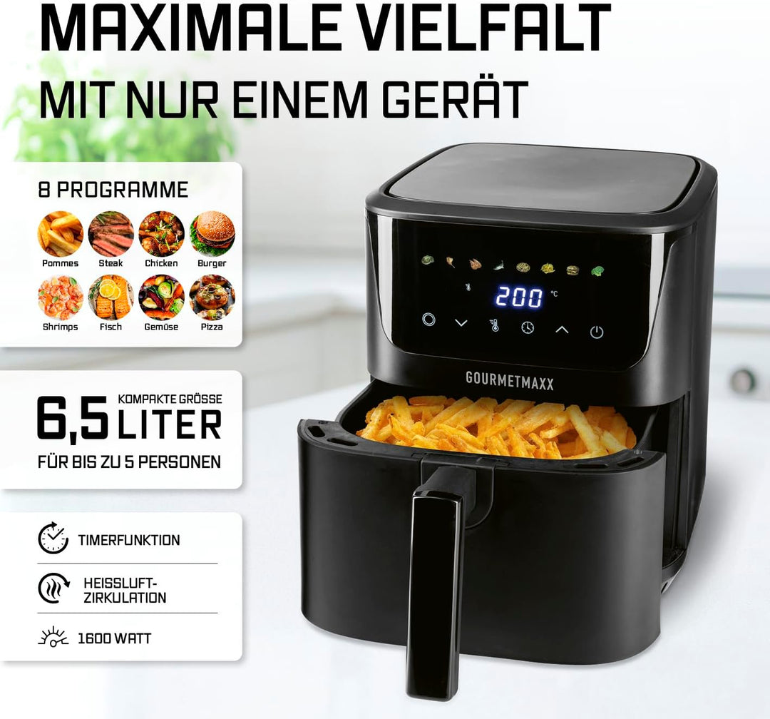 GOURMETmaxx Heissluftfritteuse 6,5 L, 1600 W schwarz – digitale Airfryer Fritteuse mit LED-Touchdisp