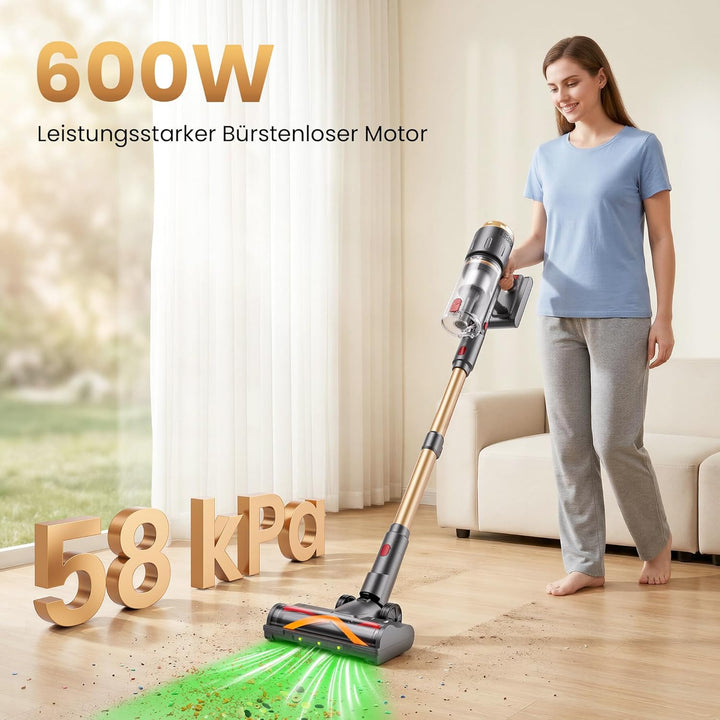 Akku Staubsauger, 600W/58kPa/150Min, Staubsauger Kabellos mit Mini Turbo Milbenbürste und Ladestatio