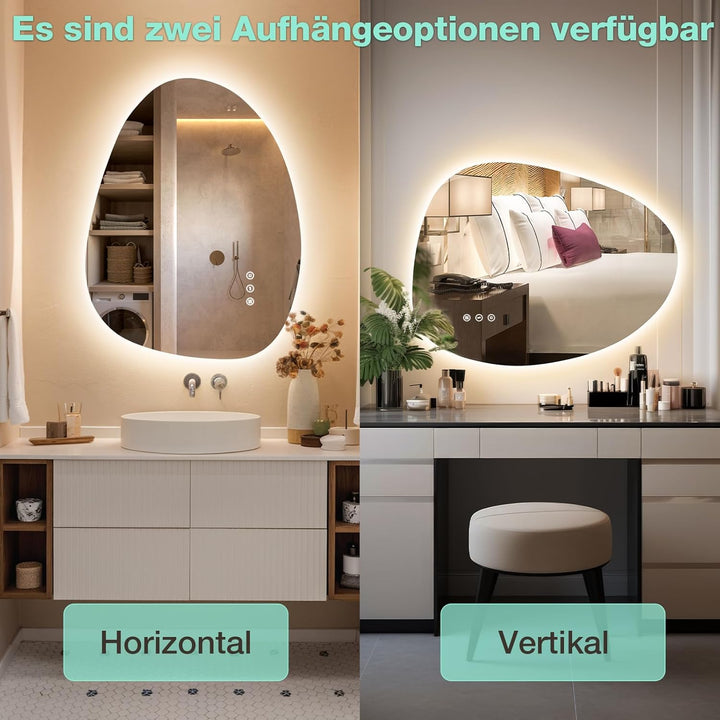 Asymmetrischer Badspiegel mit Beleuchtung 65×50 cm, Antibeschlag, 3 Lichtfarben, Dimmbar, IP44 Wasse