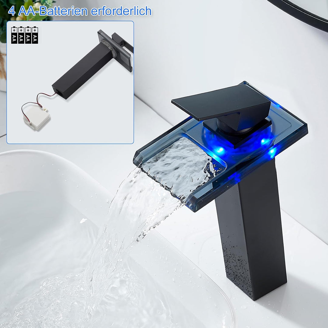 LED Schwarz Wasserfall Wasserhahn, RGB 3 Farbewechsel Waschtischarmatur Einhebelmischer mit Temperat