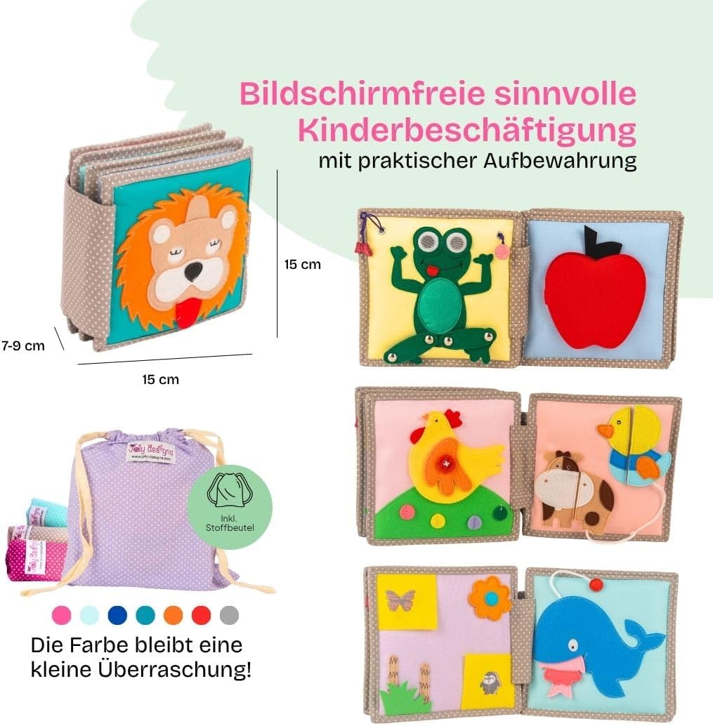 Jolly Designs Mini Quiet Book Dösender Löwe – Montessori Spielzeug ab 1 Jahr – Stoffbuch & Busy Book