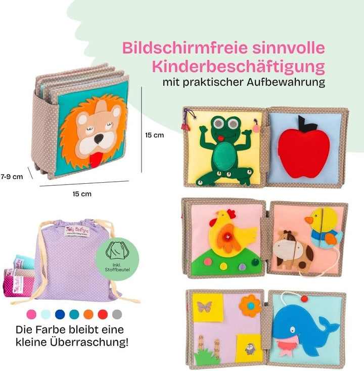 Jolly Designs Mini Quiet Book Dösender Löwe – Montessori Spielzeug ab 1 Jahr – Stoffbuch & Busy Book