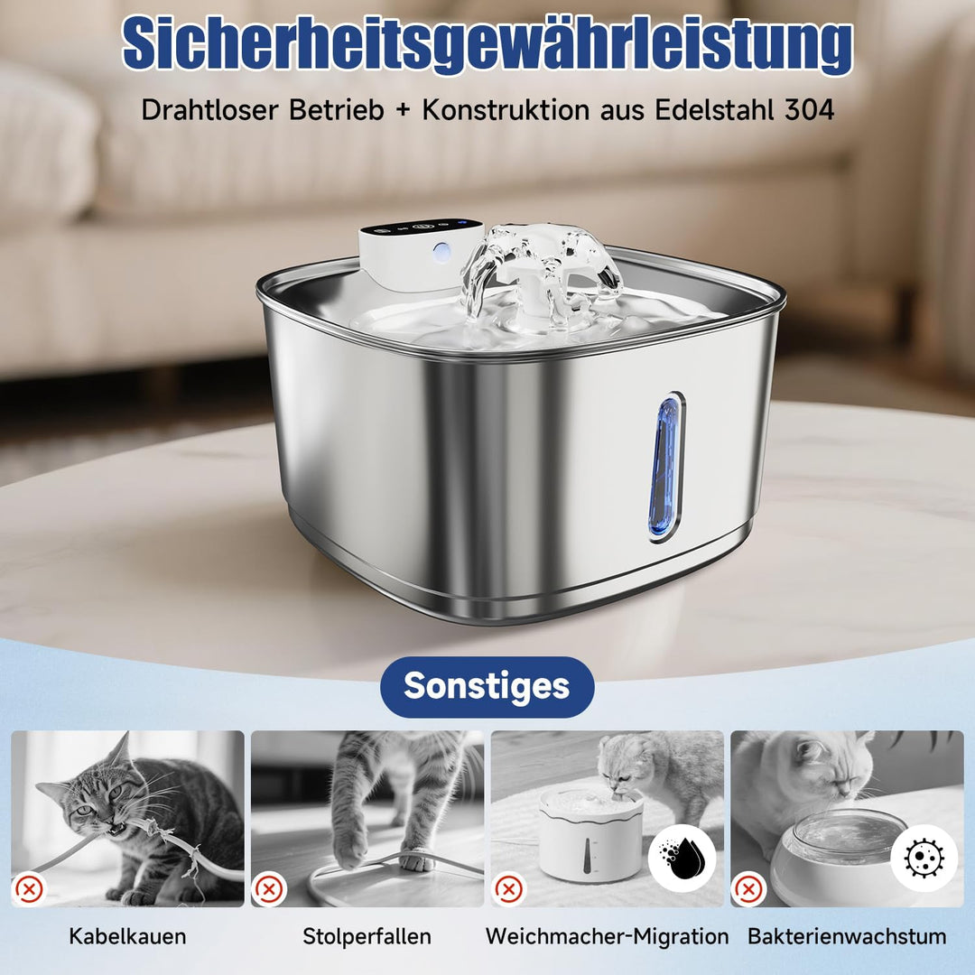 Pawinner 3.2L Katzenbrunnen Edelstahl Kabellos mit Bewegungsmelder, Trinkbrunnen für Katze mit Akku