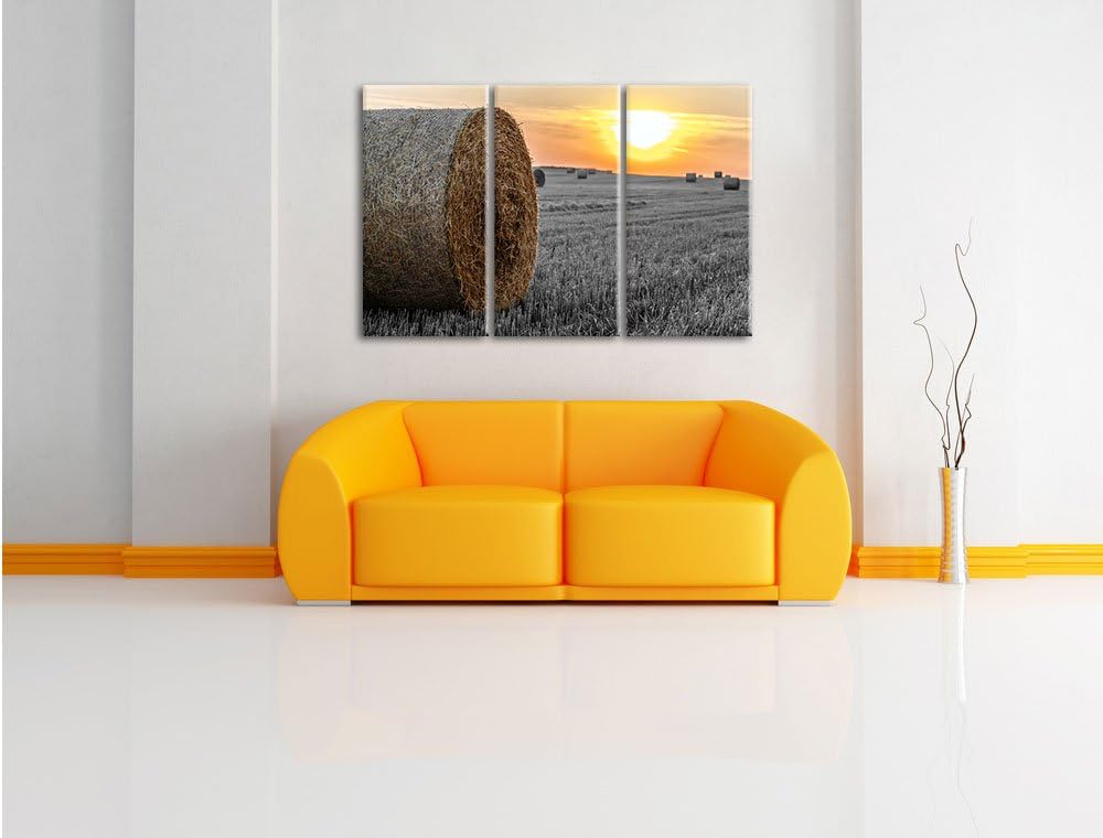 Pixxprint Strohballen auf Feld als Leinwandbild/Grösse: 3 Teilig (120x80) cm/Wandbild/Kunstdruck/fer