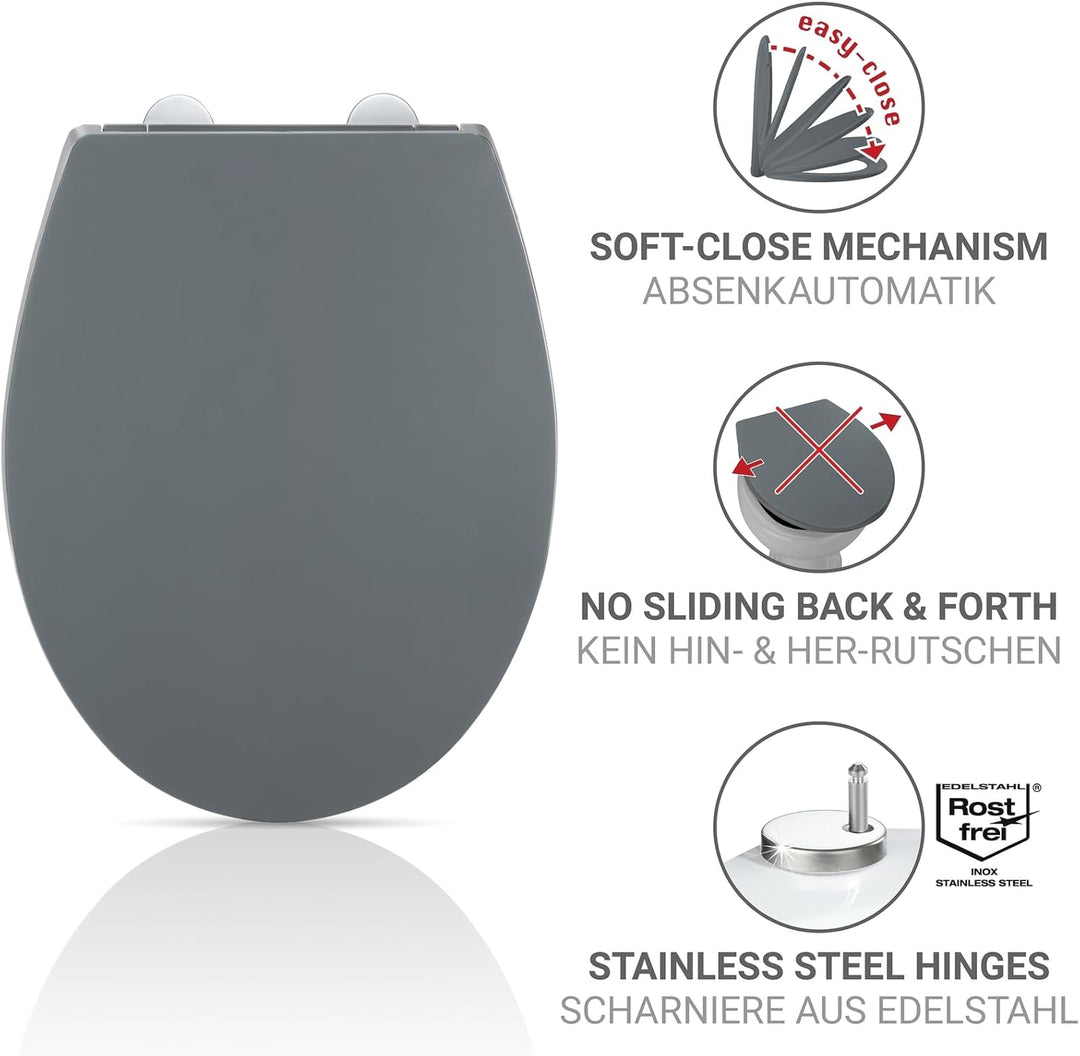 WENKO WC-Sitz Mod. Ostuni grauer bruchstabiler Thermoplast mit Easy Close Absenkautomatik und Edelst