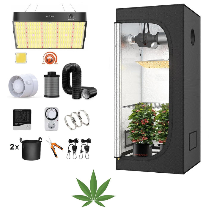 JUNG Growbox Komplettset Anbau Set mit LED Vollspektrum Grow Lampe Dimmbar, 60x60x140 cm, mit Ventil