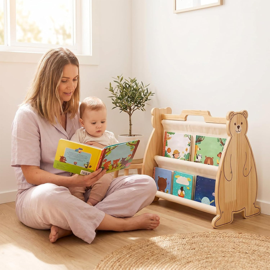 Montessori Bücherregal Kinder, Doppelseitiges Holzregal mit Tragegriff | Tragbares Holz Montessori B