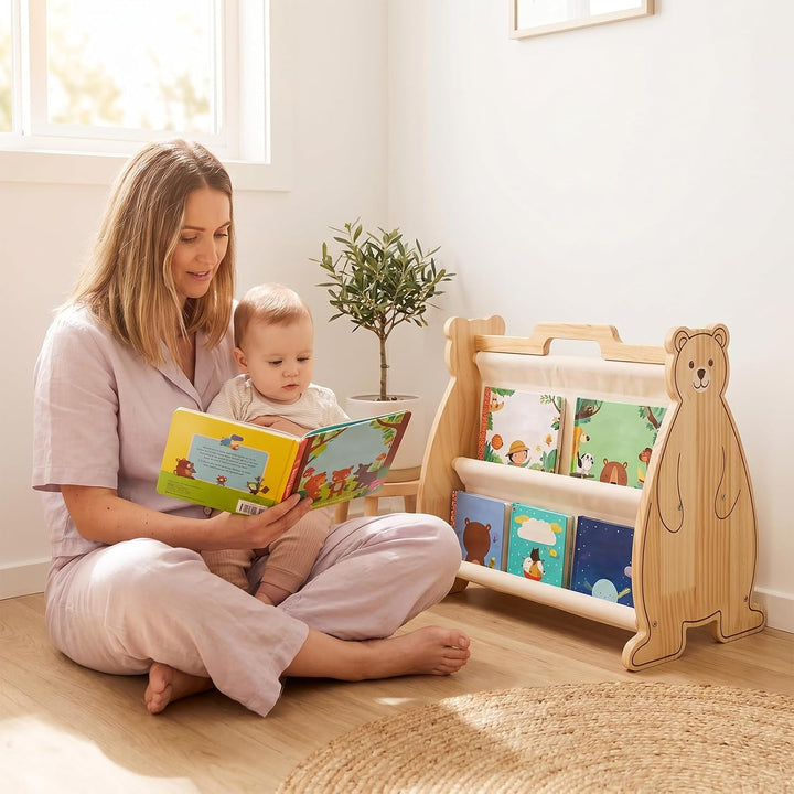 Montessori Bücherregal Kinder, Doppelseitiges Holzregal mit Tragegriff | Tragbares Holz Montessori B
