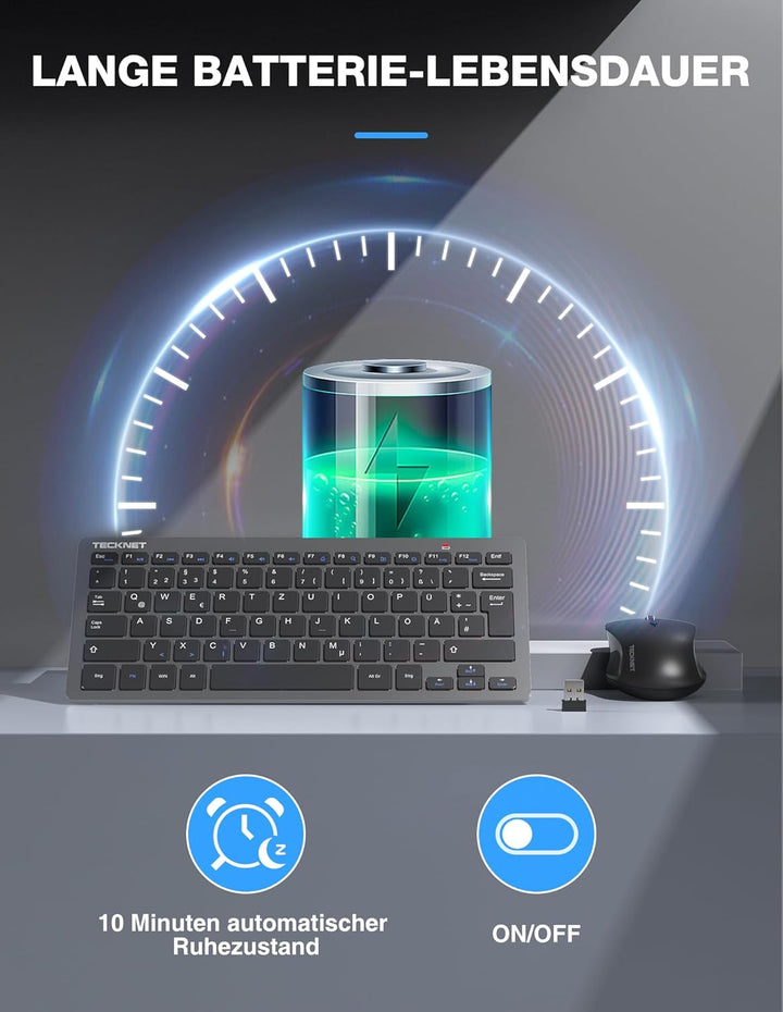 TECKNET Kabelloses Tastatur Maus Set, Deutsch QWERTZ Layout, 2.4 GHz Funk Mini Tastatur Mouse, 15m R
