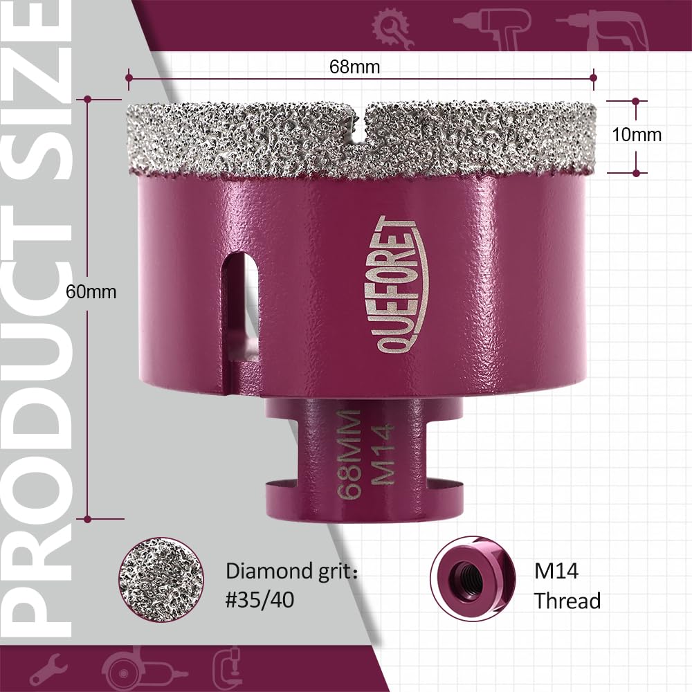 Diamant Fliesenbohrer 68mm x M14 - Bohrkrone für Fliesen Keramik Porzellan Marmor Granit, für Winkel