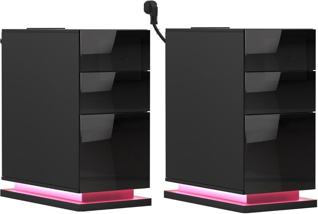 PIPIPOXER 2er Set Nachttisch LED mit Steckdose & USB, Nachttisch Weiss Hochglanz Nachtkommode mit 3