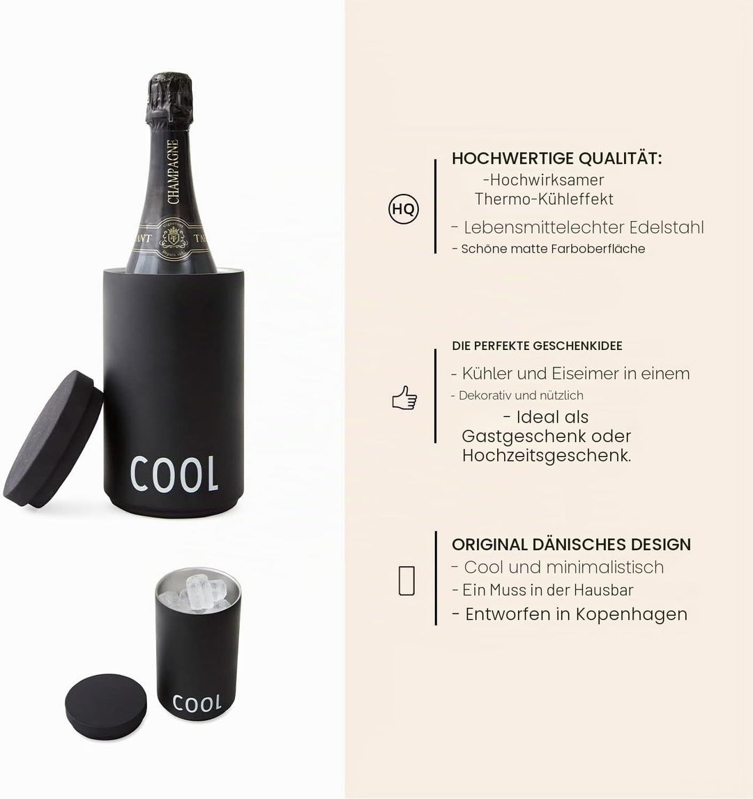 Design Letters Kühler & Eiskübel Schwarz 1.1 L | Ideal als Eisbehälter, Thermobehälter für eis | Wei