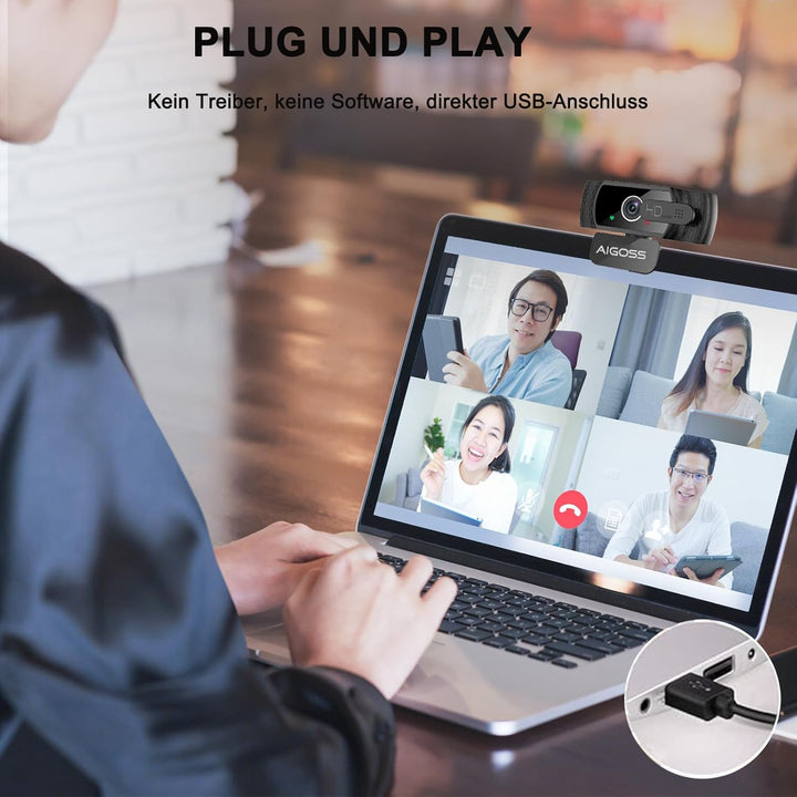 Webcam 1080P mit Mikrofon und Webcam Abdeckung, Stativ, Plug & Play, mit automatischer Lichtkorrektu