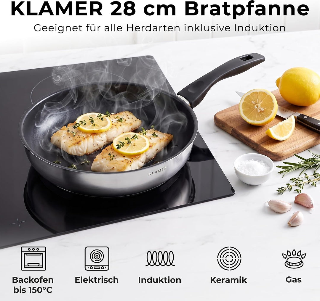 KLAMER Bratpfanne 28cm, antihaftbeschichtete Induktions-Pfanne, mit hohem Rand, Premium Beschichtung