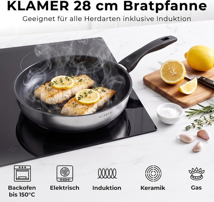 KLAMER Bratpfanne 28cm, antihaftbeschichtete Induktions-Pfanne, mit hohem Rand, Premium Beschichtung