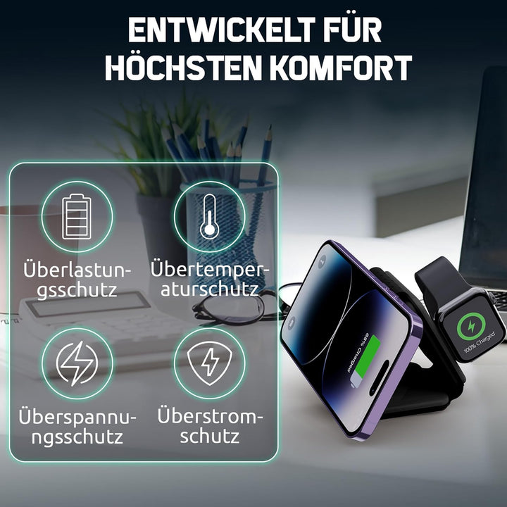 Mag-Safe Ladestation ANFIL® - Faltbare Kabelloses Apple Ladegerät 3-in-1, 15W - Folding Wireless Cha