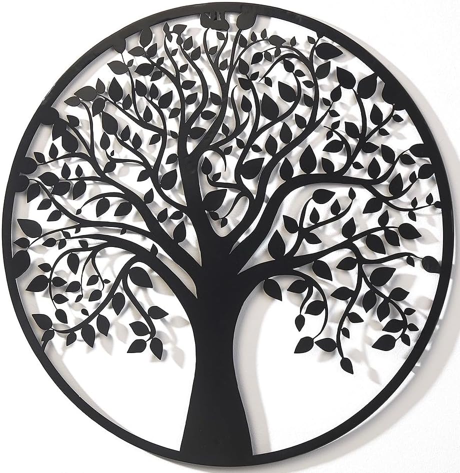 Kobolo Wandbild Wanddeko Metallbild - LIVING - Metall rund schwarz - Lebensbaum Baum - 60cm