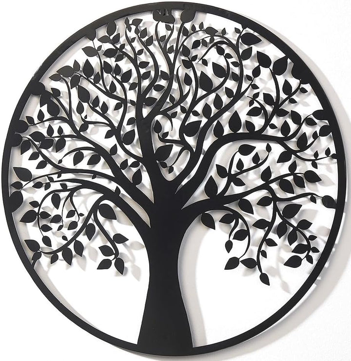 Kobolo Wandbild Wanddeko Metallbild - LIVING - Metall rund schwarz - Lebensbaum Baum - 60cm