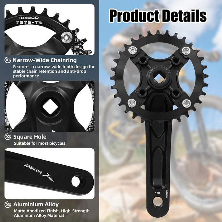 Mountainbike 170 mm Vierkant-Kurbelgarnitur mit 104 BCD 32/34/36/38T Kettenblatt, MTB-Kurbel aus Alu