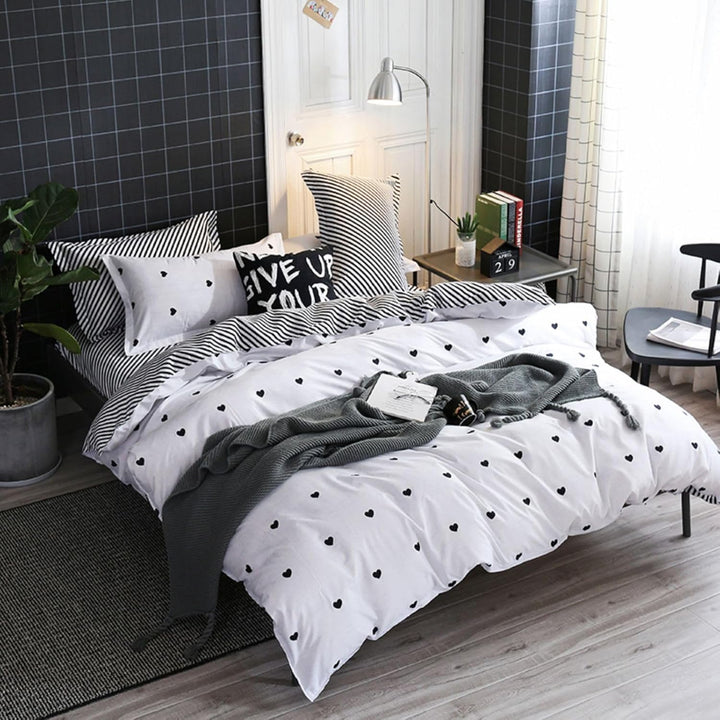 Freyamy Bettwäsche 220x240cm 3teilig Weiss Schwarz Herz Bettwaren-Sets Gebürstet Microfaser Weiche W