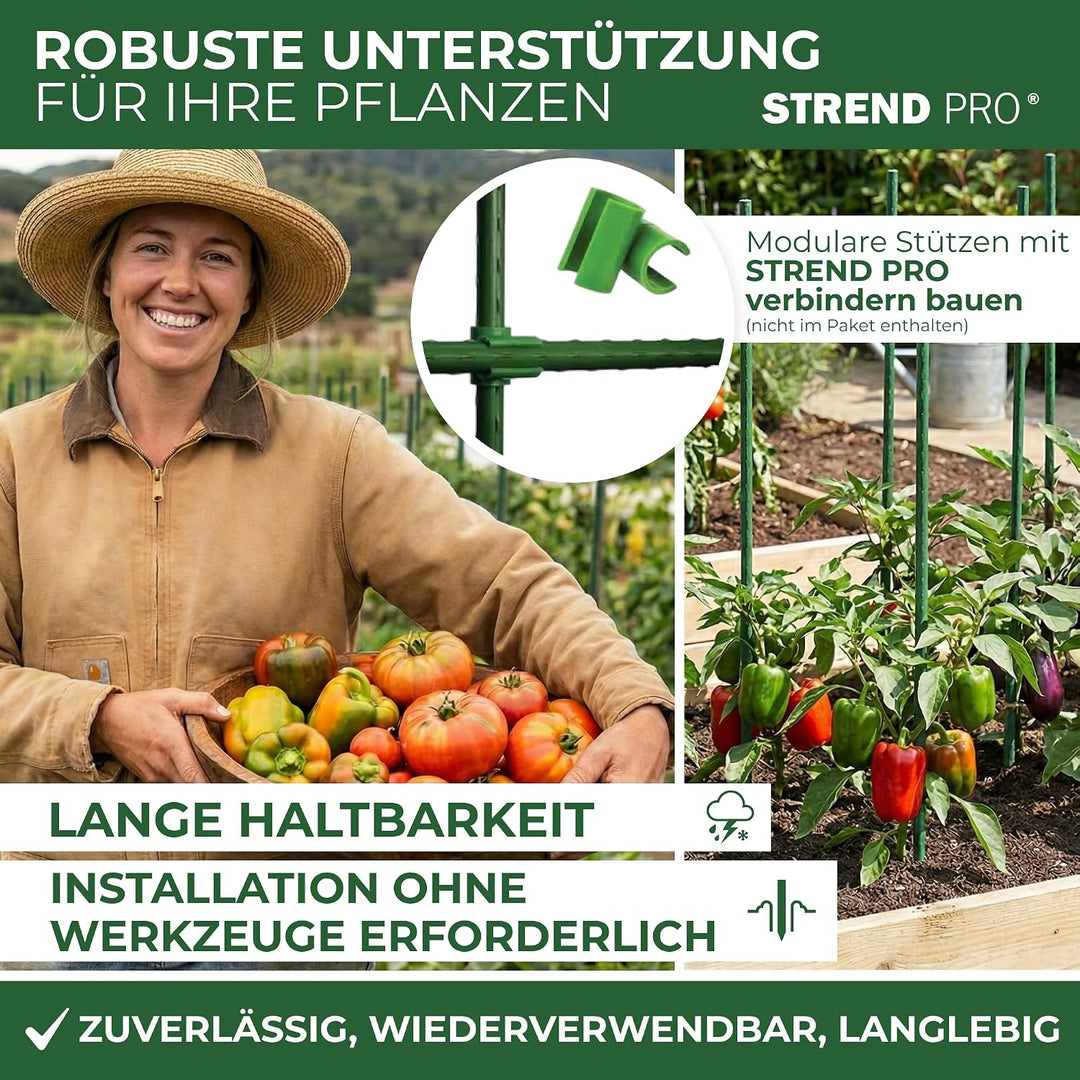 STREND PRO Pflanzstäbe 210 cm - 25 STK. Set | Ø 11 mm Stahl + Kunststoff | Rankstab Grün | Tomaten &amp;