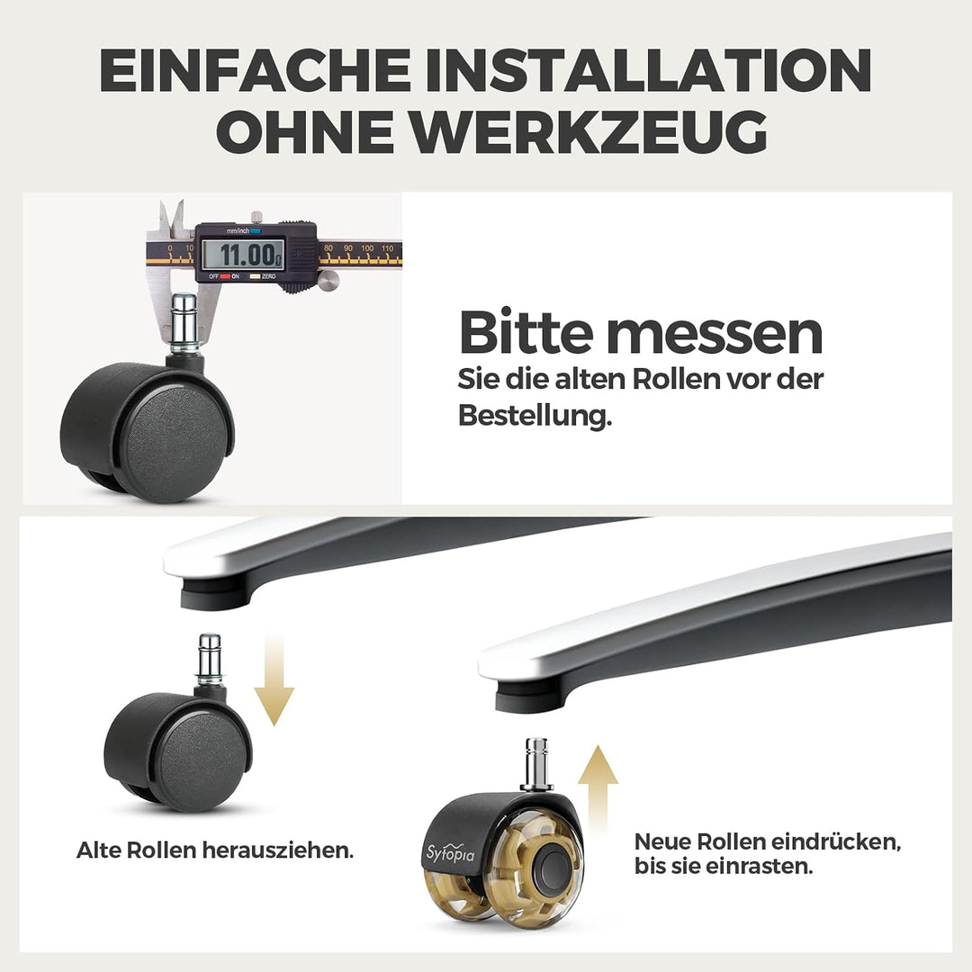 Sytopia Universal Bürostuhlrollen, 5er Set Bürostuhl Rollen 11x22MM, Perfekte Leise Gummirollen für