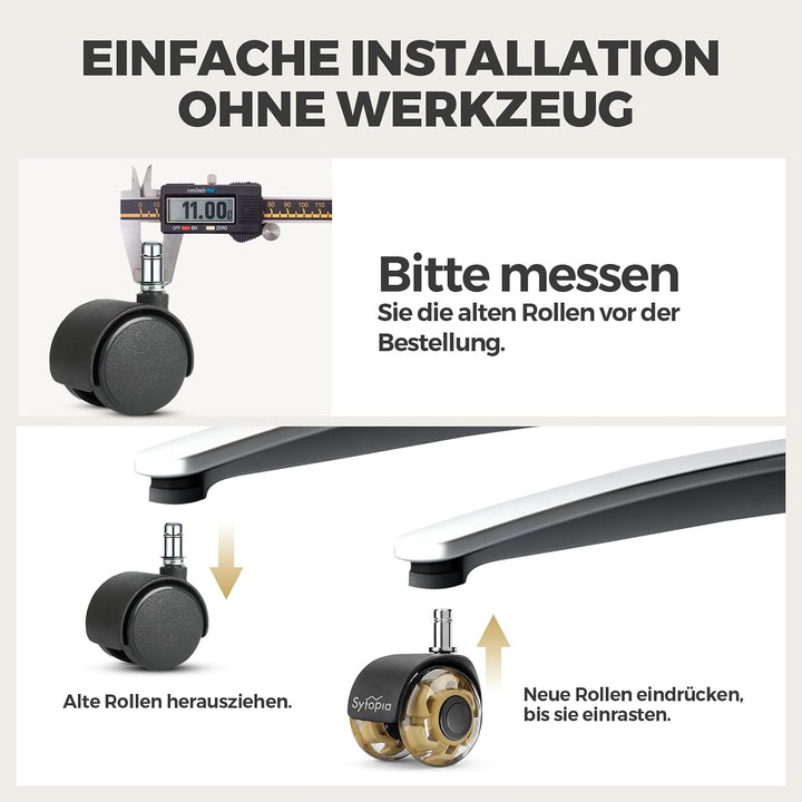 Sytopia Universal Bürostuhlrollen, 5er Set Bürostuhl Rollen 11x22MM, Perfekte Leise Gummirollen für