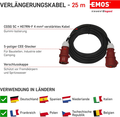 EMOS PM1105 CEE-Verlängerungskabel 25m 5-polig Stecker, 5X 32 A / 400V / 22 000 W, 4 mm2, IP44 wasse