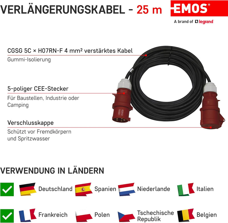 EMOS PM1105 CEE-Verlängerungskabel 25m 5-polig Stecker, 5X 32 A / 400V / 22 000 W, 4 mm2, IP44 wasse