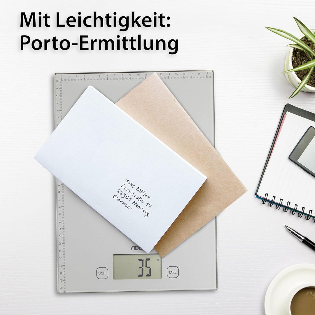 ADE Digitale Briefwaage mit XXL-Wiegefläche und aufgedrucktem Lineal | bis zu 20 kg