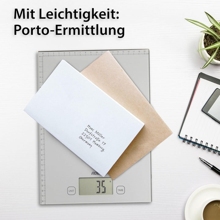 ADE Digitale Briefwaage mit XXL-Wiegefläche und aufgedrucktem Lineal | bis zu 20 kg