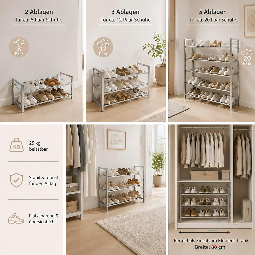 HAKU Schuhregal Metall alufarben 2 Ablagen Stahlrohr Schuhablage Shoe Shelf - Masse: B 80 x H 38 x T