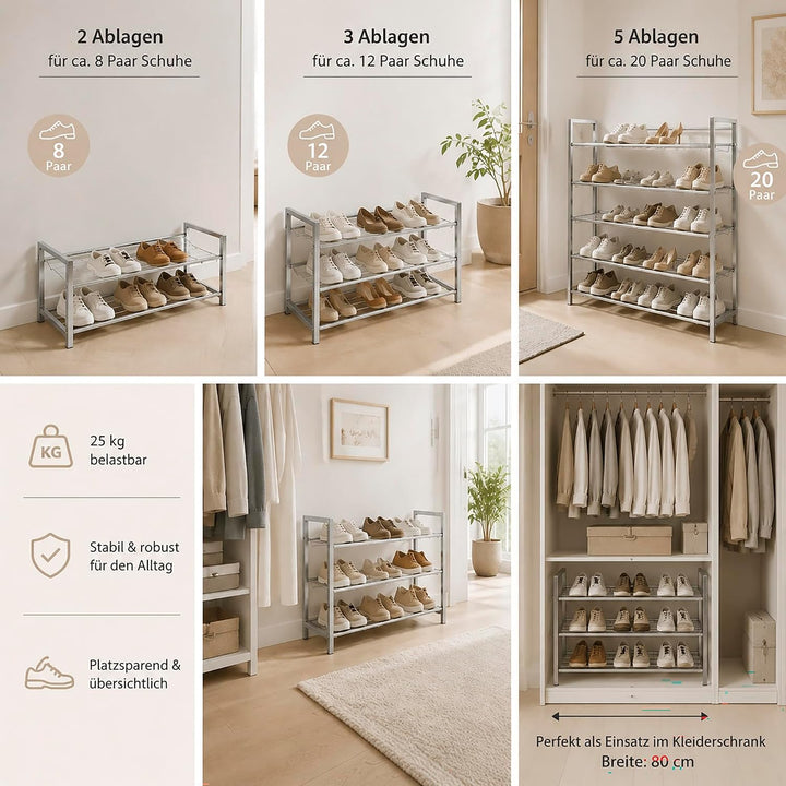 HAKU Schuhregal Metall alufarben 2 Ablagen Stahlrohr Schuhablage Shoe Shelf - Masse: B 80 x H 38 x T
