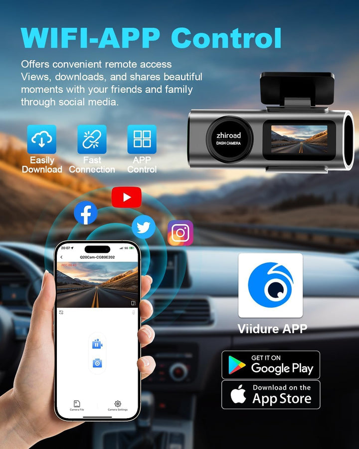 4K WiFi Dashcam Auto Vorne,App-Steuerung Auto Dashcam mit 64G SD-Karte und Abnehmbare Halterung,1.47