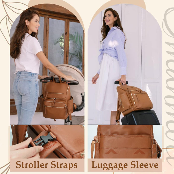 Omanmoli Wickeltasche, Rucksack, Baby-Wickeltasche, Leder, mit 17 Wickeltaschen Kunstleder-congac, K