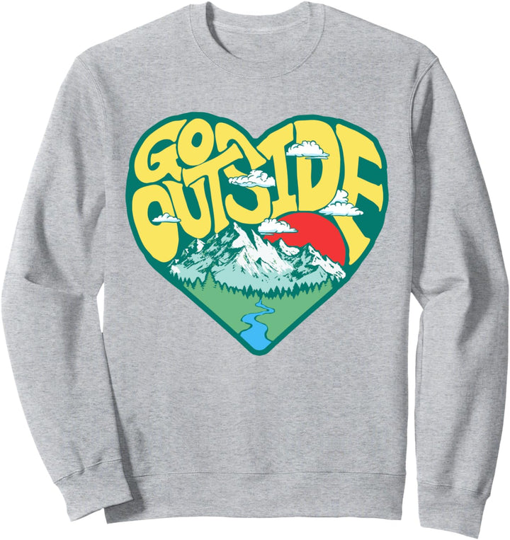 Go Outside Retro Outdoor Nature Lover Heart Mountains & Sun Sweatshirt