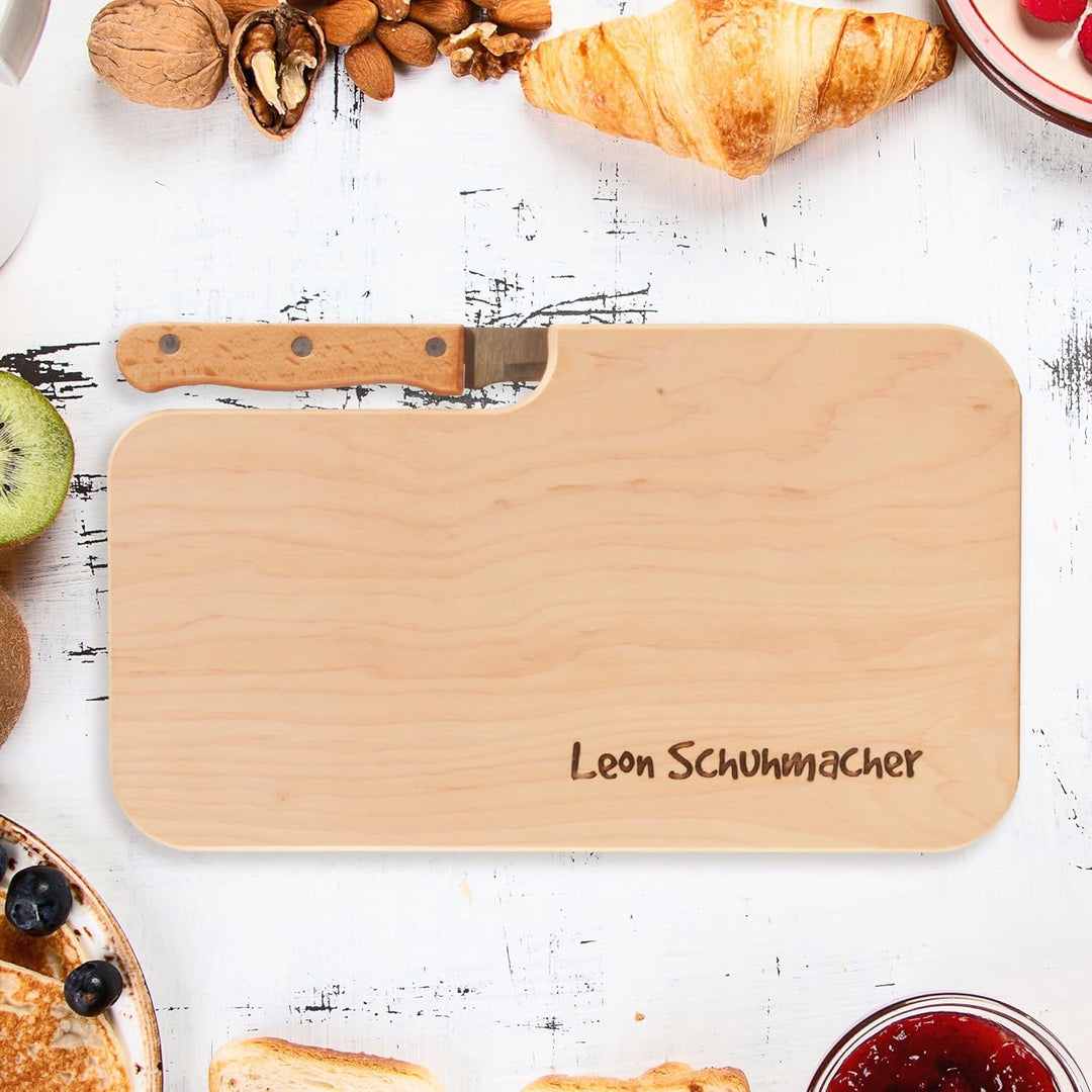 Personalisiertes Frühstücksbrettchen mit Messer, Wunsch-Name oder Text graviert – Geschenk-Idee Gebu