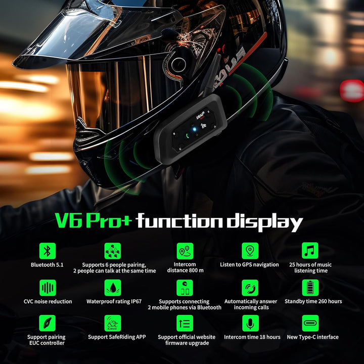 EJEAS V6 Pro+ Bluetooth-Gegensprechanlage für Motorradhelme, Verbessertes Bluetooth 5.1-Kommunikatio