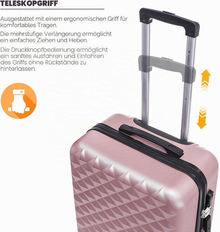 Koffer Suitcase XL Roségold, Trolley Reisekoffer, Rollkoffer Handgepäck mit 4 Rollen 360°, Hartschal