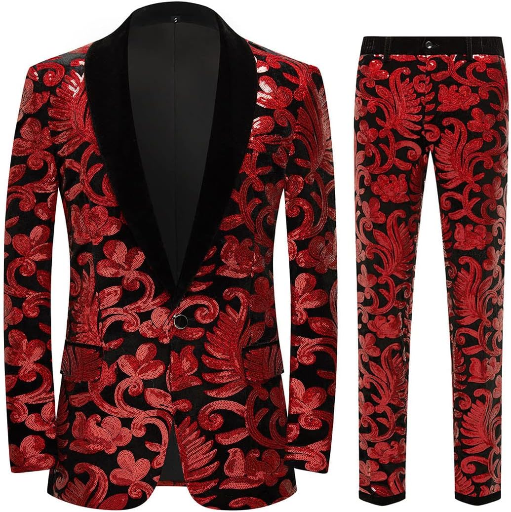 CARFFIV Herren Modische Blumenmuster Pailletten Zweiteiler Set Anzüge XS Rot, XS Rot