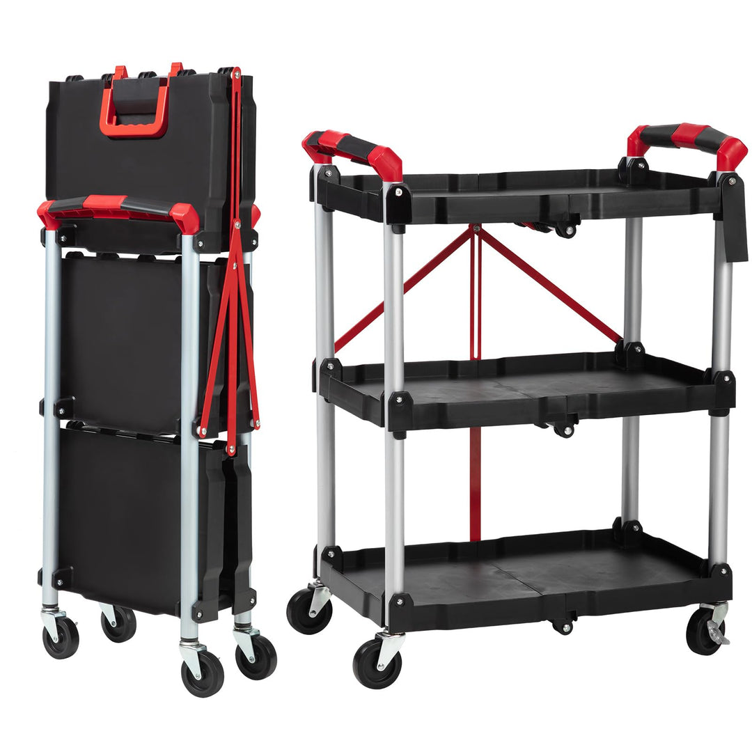 Garvee Klappbarer 3-Etagen-Servierwagen – Multifunktionaler Rollwagen mit 70 kg Tragkraft, Metallrah