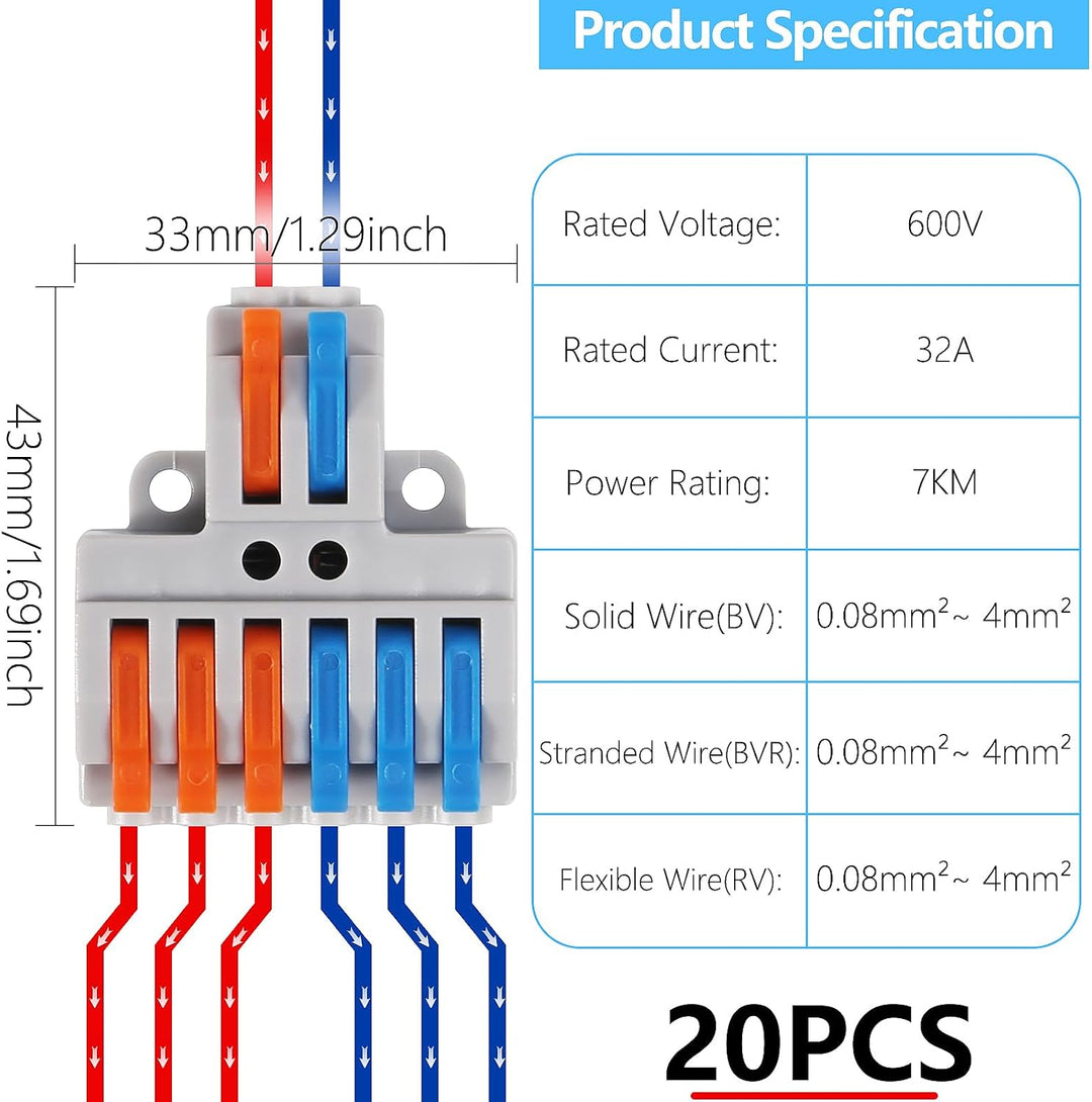 20 Stück Verbindungsklemme, 2 in 6 Out Quick Wire Connectors, Electrical Lever Nuts Wire Connectors