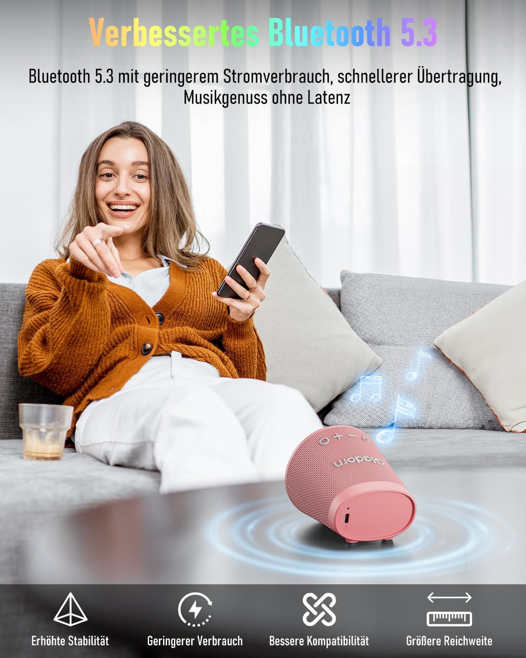Tragbarer Bluetooth-Lautsprecher Drahtlos, IPX6 Wasserdichter Bluetooth-Lautsprecher mit 9 Farblicht