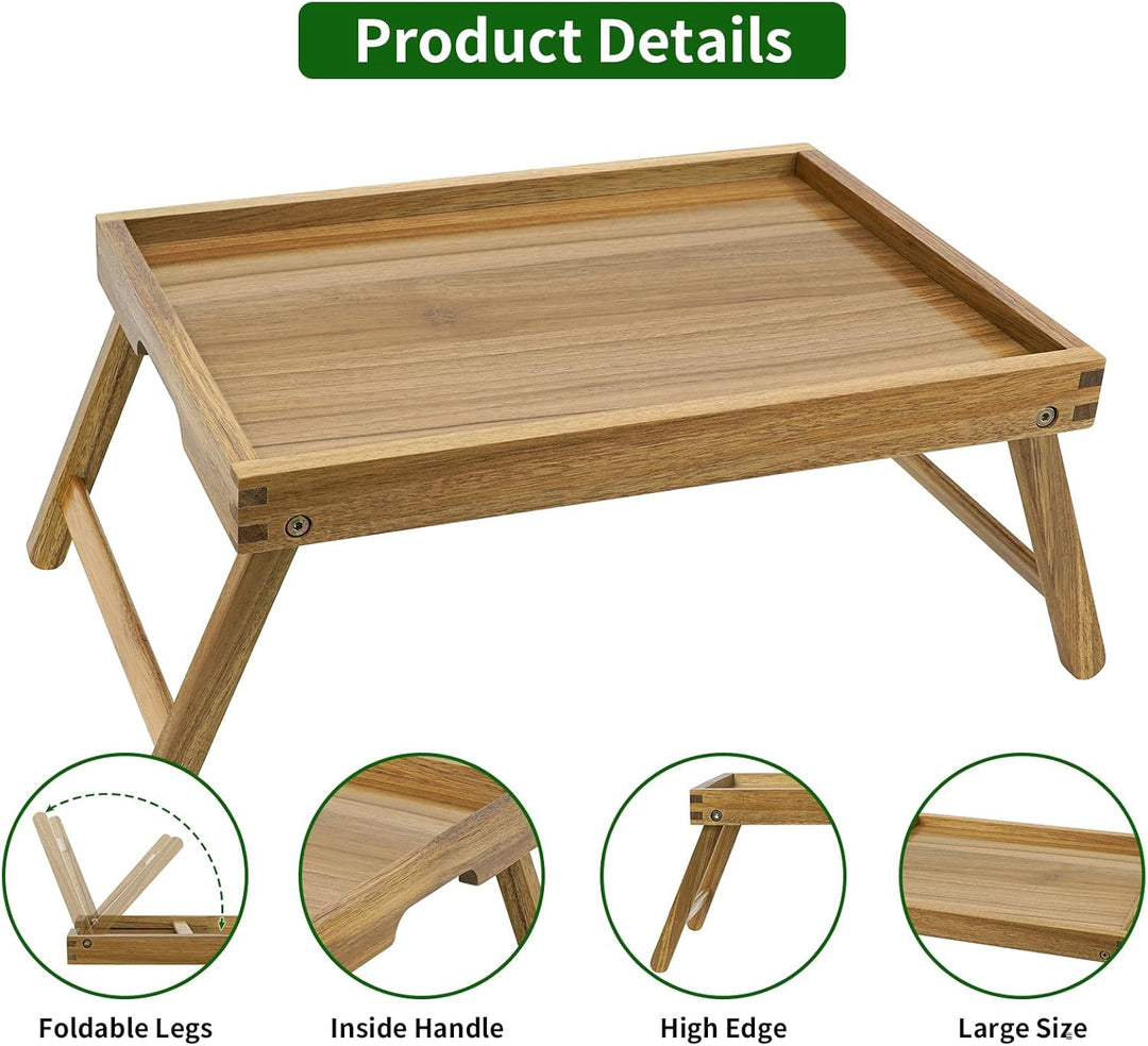 VaeFae Akazien-Betttisch-Tablett, Frühstückstablett aus Holz mit klappbaren Beinen, Betttablett für