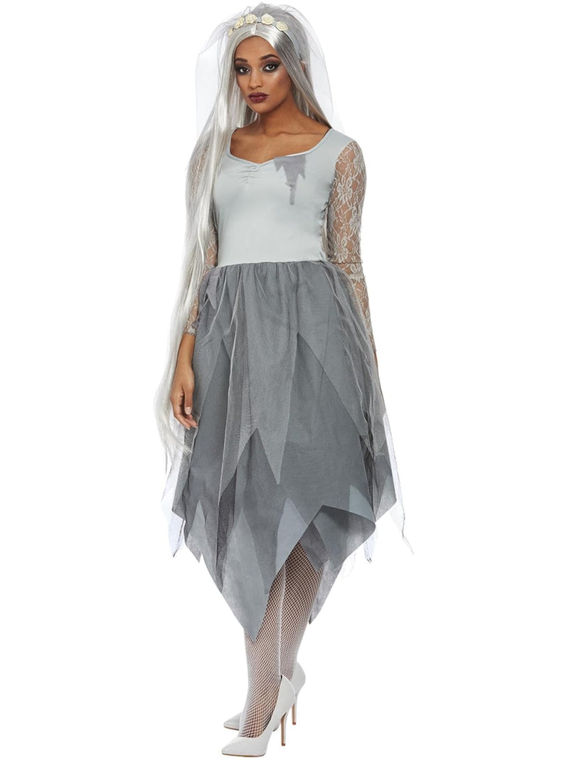 Graveyard Bride Costume, Grey, Dress & Veiled Headband (S)