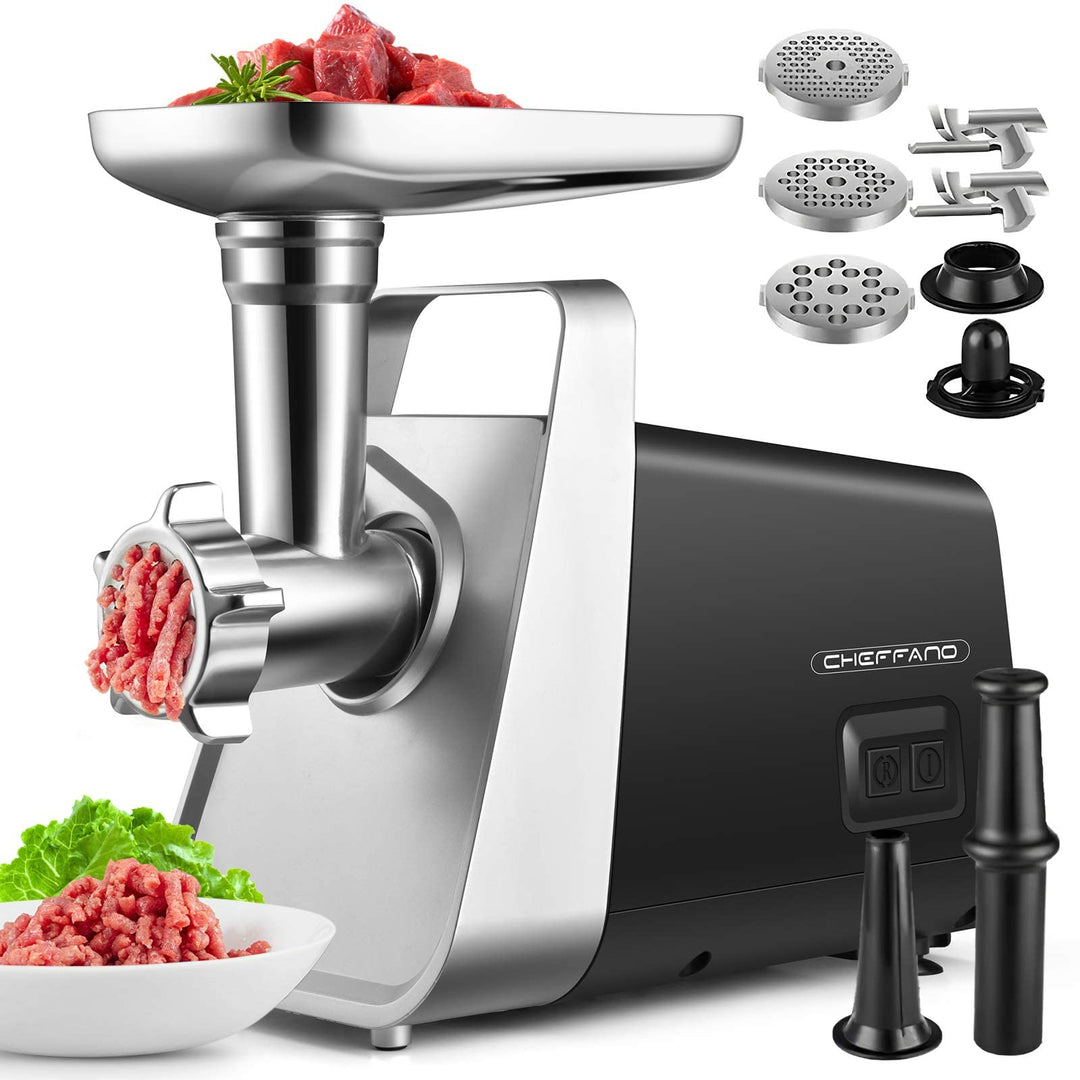 CHEFFANO Elektrischer Fleischwolf 2000W, mit 3 Schneidscheiben, Wurstfüller &amp; Kubbe-Aufsatz, Leistun