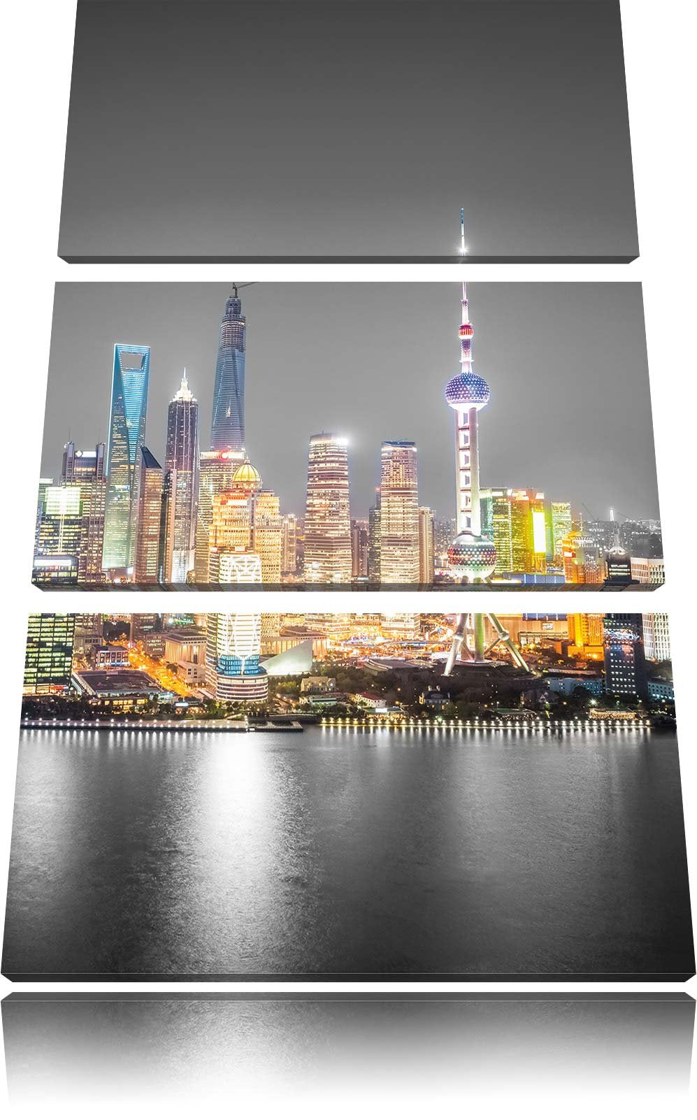 Pixxprint Shanghai Skyline bei Nacht als Leinwandbild/Grösse: 3 Teilig (120x80 cm) cm/Wandbild/Kunst