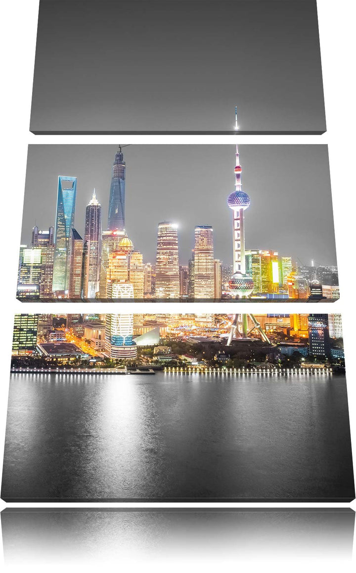 Pixxprint Shanghai Skyline bei Nacht als Leinwandbild/Grösse: 3 Teilig (120x80 cm) cm/Wandbild/Kunst