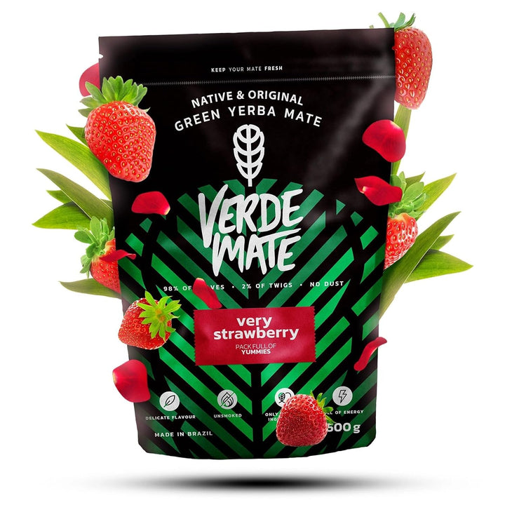 Mate Tee Set Verde Mate Very Strawberry 500g - Keramik Becher 300ml, Bombilla und Zubehör - Brasilia